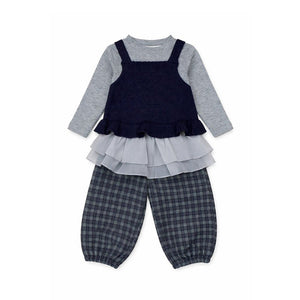 3 Pcs Set,Navy Blue Peplum - Style Top,T-shirt with Frill Checkered Pants for Kids - 2 - 3 Years Winter Wear