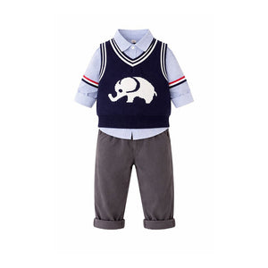 3 Pcs Set,Navy Elephant sweater,Stripes Shirt,& Pants set for Kids - 2 - 3 Years Winter Wear