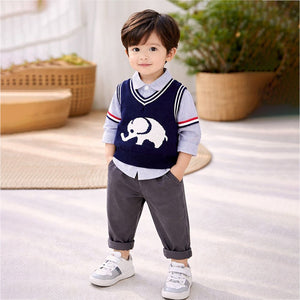 3 Pcs Set,Navy Elephant sweater,Stripes Shirt,& Pants set for Kids - 2 - 3 Years Winter Wear