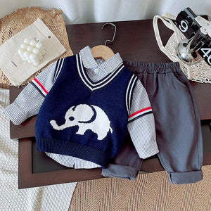 3 Pcs Set,Navy Elephant sweater,Stripes Shirt,& Pants set for Kids - 2 - 3 Years Winter Wear