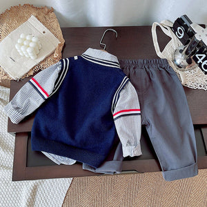 3 Pcs Set,Navy Elephant sweater,Stripes Shirt,& Pants set for Kids - 2 - 3 Years Winter Wear