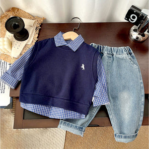 3 Pcs Set,Navy Horse Blue Sweater Vest,Checkered Shirt & Denims set for Kids - 2 - 3 Years Winter Wear