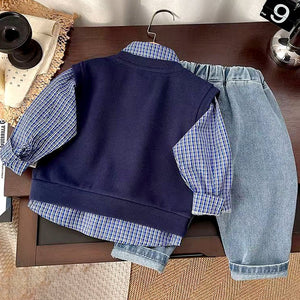 3 Pcs Set,Navy Horse Blue Sweater Vest,Checkered Shirt & Denims set for Kids - 2 - 3 Years Winter Wear