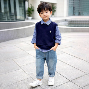 3 Pcs Set,Navy Horse Blue Sweater Vest,Checkered Shirt & Denims set for Kids - 2 - 3 Years Winter Wear