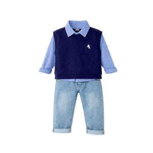 3 Pcs Set,Navy Horse Blue Sweater Vest,Checkered Shirt & Denims set for Kids - 2 - 3 Years Winter Wear