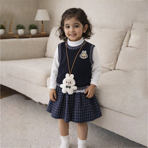 3 Pcs Set,Navy Labu Vest, Frill Inner T-shirt & Skirt partywear for Girls - 4 - 5 Years Kids Clothing