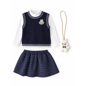 3 Pcs Set,Navy Labu Vest, Frill Inner T-shirt & Skirt partywear for Girls - 4 - 5 Years Kids Clothing