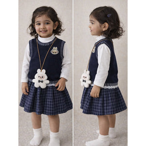 3 Pcs Set,Navy Labu Vest, Frill Inner T-shirt & Skirt partywear for Girls - 4 - 5 Years Kids Clothing