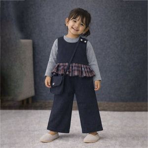 3 Pcs Set,Navy Sleevless Top, T-shirt &Wide Leg Pants with sling Bag - 2 - 3 Years Winter Wear