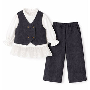 3 Pcs Set,Navy Waistcoat,White Peplum - style Top & Wide Leg Pants partwear set for Girls - 4 - 5 Years Winter Wear