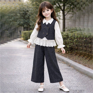 3 Pcs Set,Navy Waistcoat,White Peplum - style Top & Wide Leg Pants partwear set for Girls - 4 - 5 Years Winter Wear