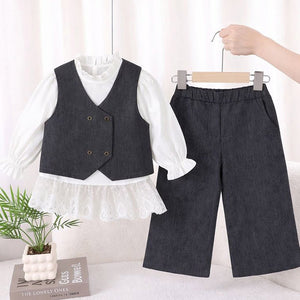 3 Pcs Set,Navy Waistcoat,White Peplum - style Top & Wide Leg Pants partwear set for Girls - 4 - 5 Years Winter Wear