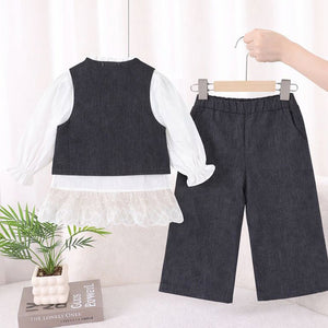 3 Pcs Set,Navy Waistcoat,White Peplum - style Top & Wide Leg Pants partwear set for Girls - 4 - 5 Years Winter Wear