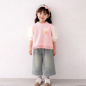 3 Pcs Set,Pink Pom - pom Knitted Vest, T-shirt & Denims for Kids - 2 - 3 Years Winter Wear