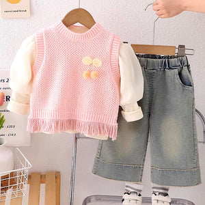 3 Pcs Set,Pink Pom - pom Knitted Vest, T-shirt & Denims for Kids - 2 - 3 Years Winter Wear
