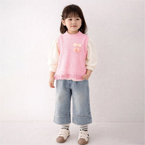 3 Pcs Set,Pink Pom - pom Knitted Vest, T-shirt & Denims for Kids - 2 - 3 Years Winter Wear