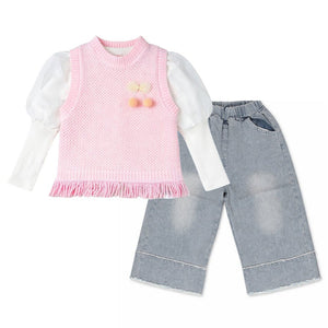 3 Pcs Set,Pink Pom - pom Knitted Vest, T-shirt & Denims for Kids - 2 - 3 Years Winter Wear