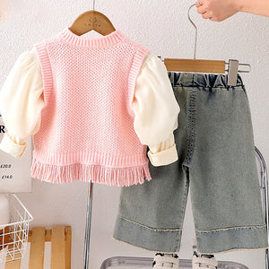3 Pcs Set,Pink Pom - pom Knitted Vest, T-shirt & Denims for Kids - 2 - 3 Years Winter Wear