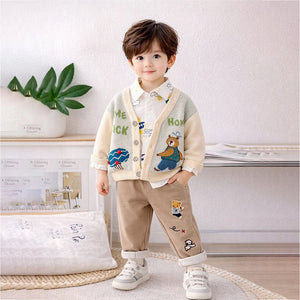 3 Pcs Set,Plane & Sun Shirt,Ted Cardigan & Pants set for Kids - 2 - 3 Years Winter Wear