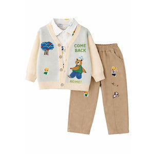 3 Pcs Set,Plane & Sun Shirt,Ted Cardigan & Pants set for Kids - 2 - 3 Years Winter Wear