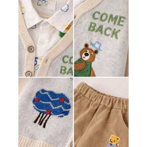3 Pcs Set,Plane & Sun Shirt,Ted Cardigan & Pants set for Kids - 2 - 3 Years Winter Wear