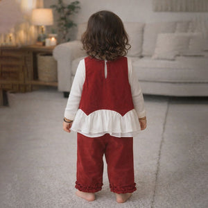 3 Pcs Set,Red Frilly Layered Top,White T-shirt with Frill Pants Partywear set for Girls - 2 - 3 Years Winter Wear