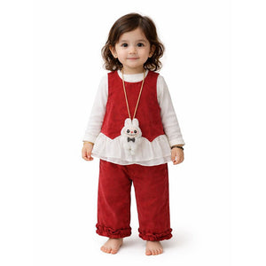 3 Pcs Set,Red Frilly Layered Top,White T-shirt with Frill Pants Partywear set for Girls - 2 - 3 Years Winter Wear