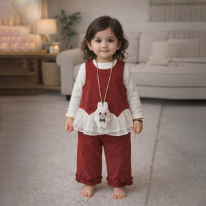 3 Pcs Set,Red Frilly Layered Top,White T-shirt with Frill Pants Partywear set for Girls - 2 - 3 Years Winter Wear