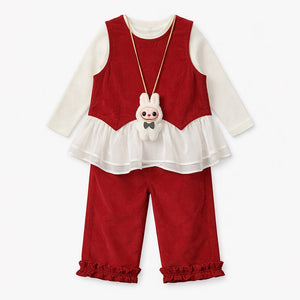 3 Pcs Set,Red Frilly Layered Top,White T-shirt with Frill Pants Partywear set for Girls - 2 - 3 Years Winter Wear