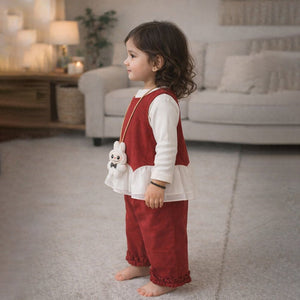 3 Pcs Set,Red Frilly Layered Top,White T-shirt with Frill Pants Partywear set for Girls - 2 - 3 Years Winter Wear