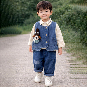 3 Pcs Set,Side Buttoned Denim Vest with Shirt & Matching Denim Pants for Kids - 2 - 3 Years Winter Wear