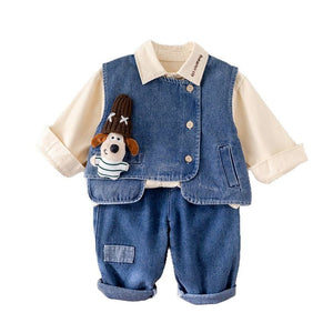 3 Pcs Set,Side Buttoned Denim Vest with Shirt & Matching Denim Pants for Kids - 2 - 3 Years Winter Wear