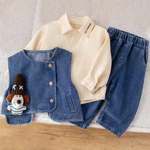 3 Pcs Set,Side Buttoned Denim Vest with Shirt & Matching Denim Pants for Kids - 2 - 3 Years Winter Wear