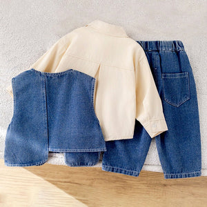3 Pcs Set,Side Buttoned Denim Vest with Shirt & Matching Denim Pants for Kids - 2 - 3 Years Winter Wear