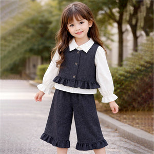 3 Pcs Set,Winterwear Black Ruffled Vest,Ivory Shirt & Flare Pants for Girls - 4 - 5 Years Winter Wear