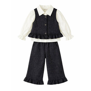 3 Pcs Set,Winterwear Black Ruffled Vest,Ivory Shirt & Flare Pants for Girls - 4 - 5 Years Winter Wear