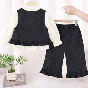 3 Pcs Set,Winterwear Black Ruffled Vest,Ivory Shirt & Flare Pants for Girls - 4 - 5 Years Winter Wear