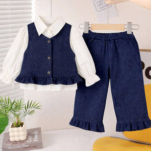 3 Pcs Set,Winterwear Navy Ruffled Vest,Ivory Shirt & Flare Pants for Girls - 4 - 5 Years Winter Wear
