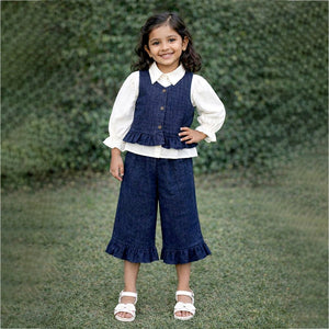 3 Pcs Set,Winterwear Navy Ruffled Vest,Ivory Shirt & Flare Pants for Girls - 4 - 5 Years Winter Wear