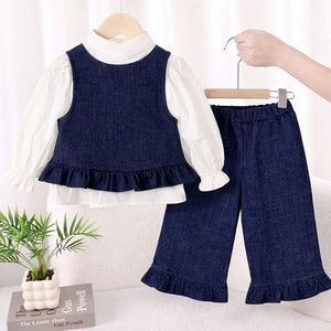 3 Pcs Set,Winterwear Navy Ruffled Vest,Ivory Shirt & Flare Pants for Girls - 4 - 5 Years Winter Wear