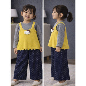 3 Pcs Set,Yellow Cat Top,Grey T-shirt with Dotted Pants for Girls - 2 - 3 Years Winter Wear
