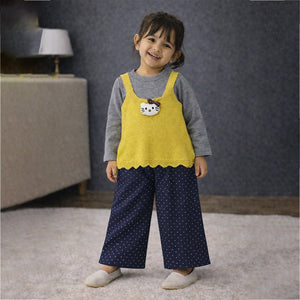 3 Pcs Set,Yellow Cat Top,Grey T-shirt with Dotted Pants for Girls - 2 - 3 Years Winter Wear