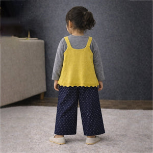 3 Pcs Set,Yellow Cat Top,Grey T-shirt with Dotted Pants for Girls - 2 - 3 Years Winter Wear