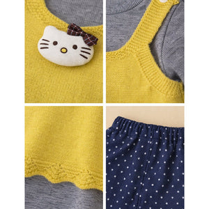 3 Pcs Set,Yellow Cat Top,Grey T-shirt with Dotted Pants for Girls - 2 - 3 Years Winter Wear