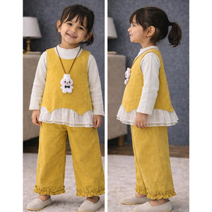 3 Pcs Set,Yellow Layered Top,White T-shirt with Frill Pants Partywear set for Girls - 2 - 3 Years Winter Wear