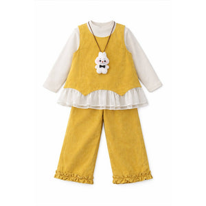 3 Pcs Set,Yellow Layered Top,White T-shirt with Frill Pants Partywear set for Girls - 2 - 3 Years Winter Wear