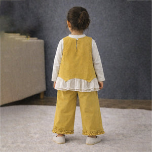 3 Pcs Set,Yellow Layered Top,White T-shirt with Frill Pants Partywear set for Girls - 2 - 3 Years Winter Wear