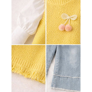 3 Pcs Set,Yellow Pom - pom Knitted Vest,T-shirt & Denims for Kids - 2 - 3 Years Winter Wear