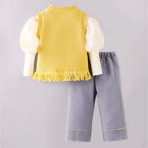 3 Pcs Set,Yellow Pom - pom Knitted Vest,T-shirt & Denims for Kids - 2 - 3 Years Winter Wear
