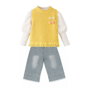 3 Pcs Set,Yellow Pom - pom Knitted Vest,T-shirt & Denims for Kids - 2 - 3 Years Winter Wear